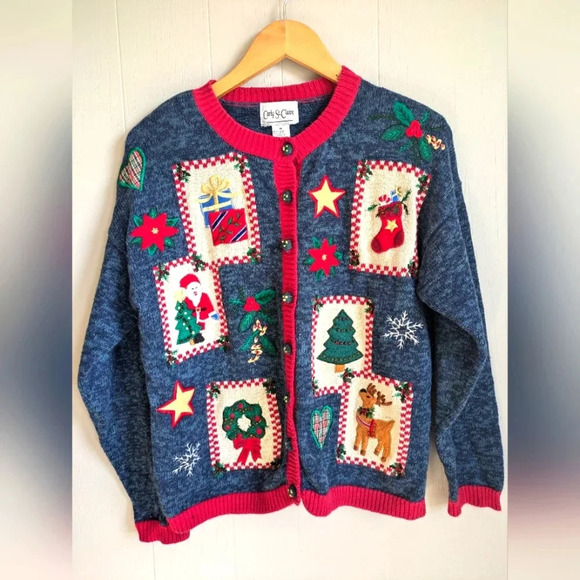 Carly St. Claire Embroidered Christmas Cardigan in Red Blue size Medium Holiday - Picture 7 of 7
